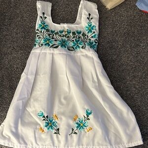 White Girls' Embroidered Floral Dress with Teal Accents